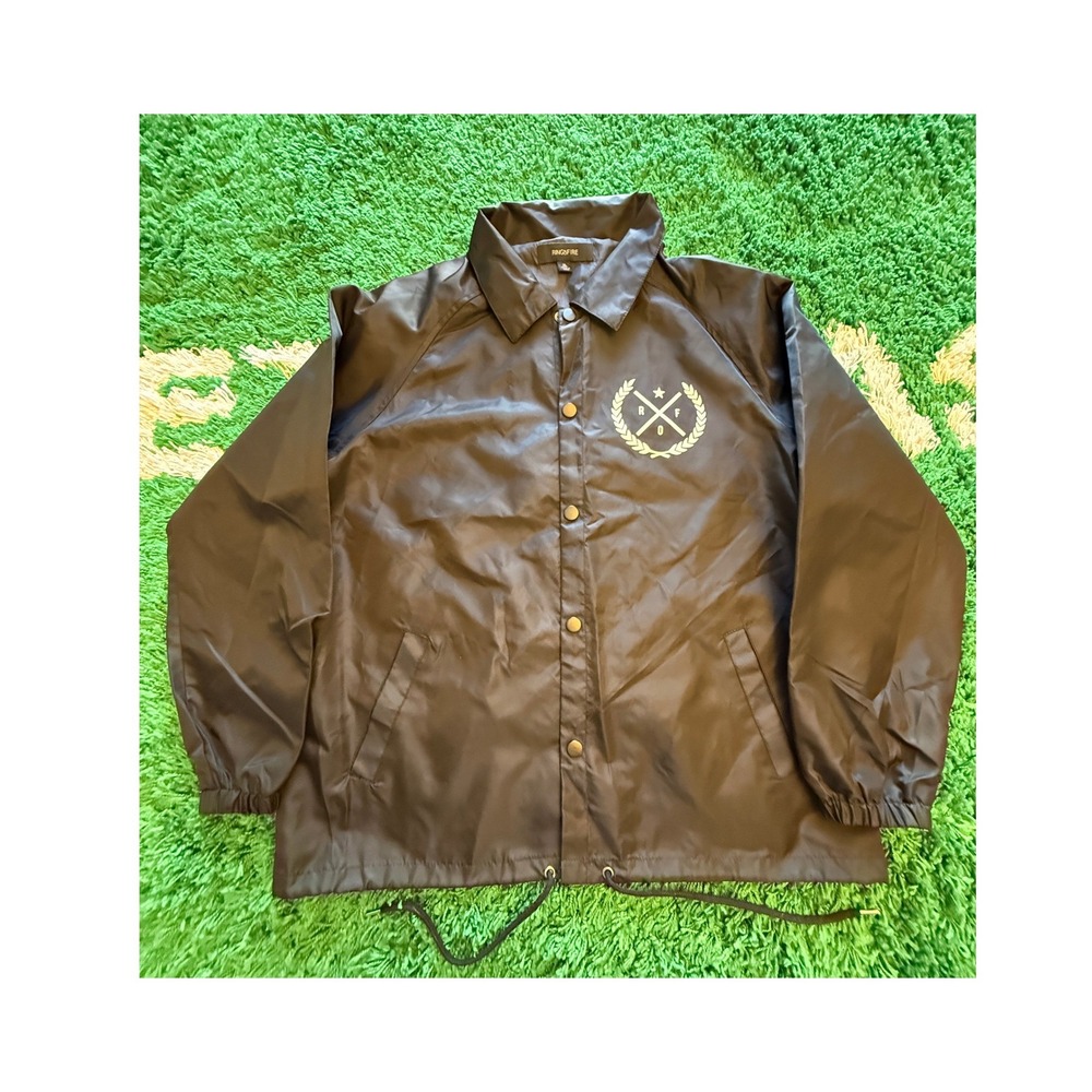 Ring of Fire Coaches Jacket Mens XL Black Excellent NYC LA Graphic Snap Front